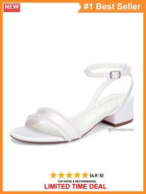 Satin Low Heel Bridal Sandals Pearl Open Toe Wedding Shoes Ankle Strap